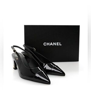 Chanel patent leather slingback pumps featuring CC logo block heel